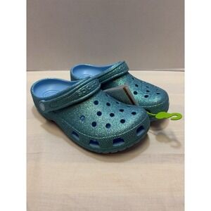 NEW Crocs Big Kids Youth Classic Iridescent Glitter Clogs - Blue - Size J4 NWT
